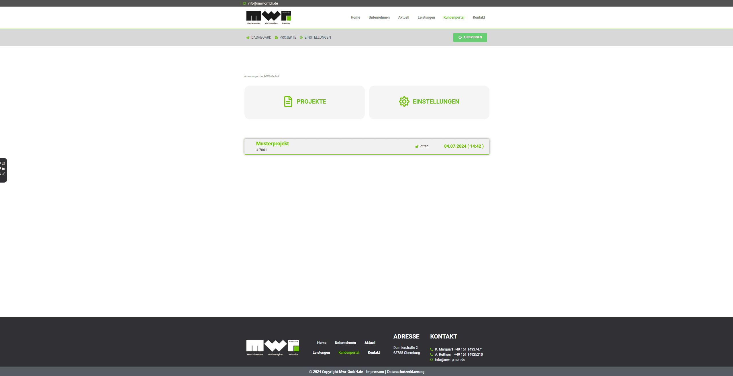 Projekt Seite-dashboard